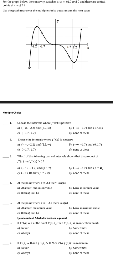 For the graph below, the concavity switches at x = ±1.7 and 0 and there are critical
points at x 12.2
Use the graph to answer the multiple choice questions on the next page.
AN
1.7 2.2
Multiple Choice
1.
Choose the intervals where f'(x) is positive
a) (-∞, -2.2) and (2.2,00)
b) (-∞, -1.7) and (1.7,00)
d) none of these
c) (-1.7, 1.7)
2.
Choose the intervals where f"(x) is positive
a) (-∞, -2.2) and (2.2,00)
b) (-∞, -1.7) and (0,1.7)
d) none of these
c) (-1.7, 1.7)
3.
Which of the following pairs of intervals shows that the product of
f'(x) and f"(x) > 0?
a) (-2.2,-1.7) and (0,1.7)
b) (-∞, -1.7) and (1.7,00)
c) (-1.7,0) and (1.7.2.2)
d) none of these
At the point where x = 2.2 there is a(n)
a) Absolute minimum value
b) Local minimum value
c) Botha) and b)
d) none of these
At the point where x = -2.2 there is a(n)
a) Absolute maximum value
b) Local maximum value
c) Botha) and b)
d) none of these
Questions 6 and 7 deal with functions in general.
6.
Iff" (a) = 0 at the point P(a, b), then P(a, b) is an inflection point:
a) Never
b) Sometimes
c) Always
d) none of these
If f'(a) = 0 and f'(a) > 0, then P(a, f(a)) is a maximum:
a) Never
b) Sometimes
c) Always
d) none of these
4.
5.
7.