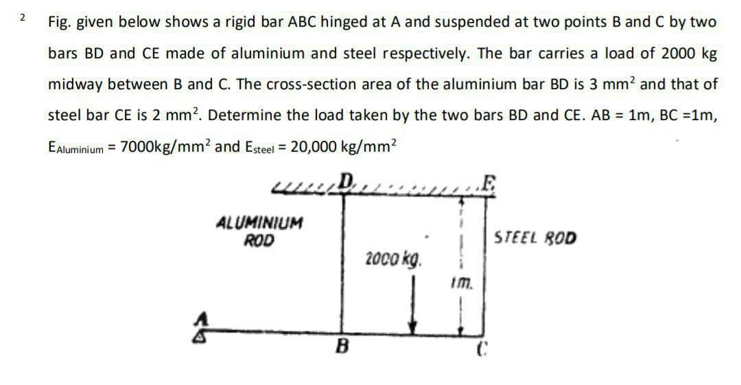 2
Fig. given below shows a rigid bar ABC hinged at A and suspended at two points B and C by two
bars BD and CE made of aluminium and steel respectively. The bar carries a load of 2000 kg
midway between B and C. The cross-section area of the aluminium bar BD is 3 mm? and that of
steel bar CE is 2 mm?. Determine the load taken by the two bars BD and CE. AB = 1m, BC =1m,
Ealuminium = 7000kg/mm? and Esteel = 20,000 kg/mm?
ALUMINIUM
ROD
STEEL ROD
2000 kg.
im.
B
