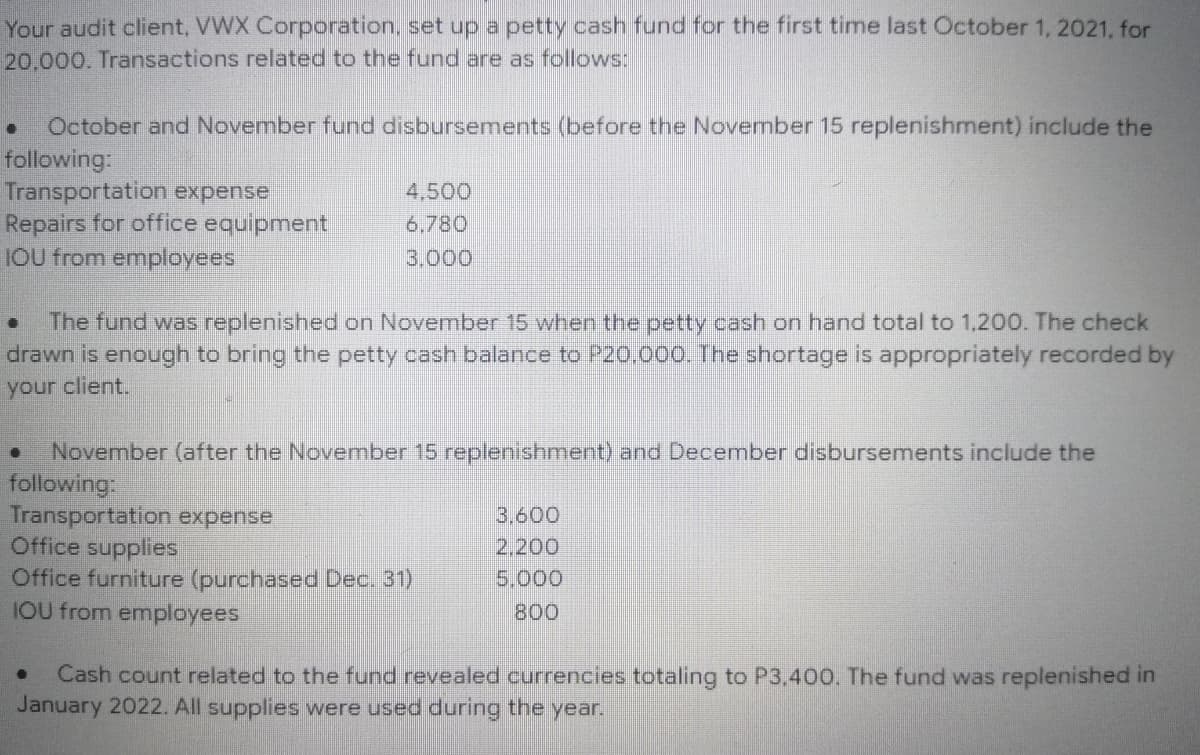 Your audit client, VWX Corporation, set up a petty cash fund for the first time last October 1, 2021, for
20,000. Transactions related to the fund are as follows:
. October and November fund disbursements (before the November 15 replenishment) include the
following:
Transportation expense
4,500
Repairs for office equipment
6,780
3.000
IOU from employees
● The fund was replenished on November 15 when the petty cash on hand total to 1.200. The check
drawn is enough to bring the petty cash balance to P20,000. The shortage is appropriately recorded by
your client.
D
November (after the November 15 replenishment) and December disbursements include the
following:
Transportation expense
3.600
Office supplies
2.200
Office furniture (purchased Dec. 31)
5.000
IOU from employees
800
●
Cash count related to the fund revealed currencies totaling to P3.400. The fund was replenished in
January 2022. All supplies were used during the year.
