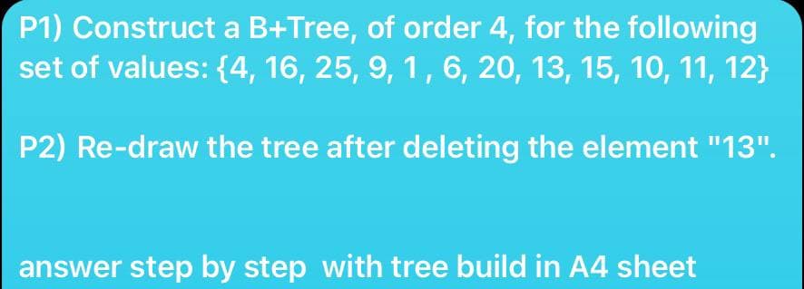 P1) Construct a B+Tree, of order 4, for the following
set of values: {4, 16, 25, 9, 1, 6, 20, 13, 15, 10, 11, 12}
P2) Re-draw the tree after deleting the element "13".
answer step by step with tree build in A4 sheet

