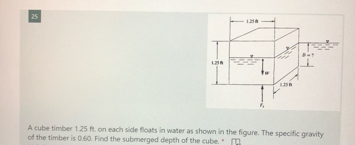 25
1.25 ft
D = ?
1.25 ft
1.25 ft
FR
A cube timber 1.25 ft. on each side floats in water as shown in the figure. The specific gravity
of the timber is 0.60. Find the submerged depth of the cube. *

