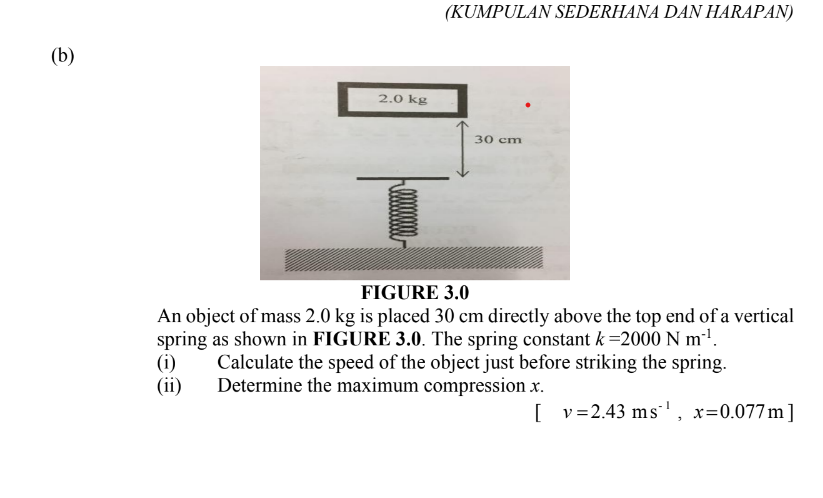 (KUMPULAN SEDERHANA DAN HARAPAN)
(b)
2.0 kg
30 cm
FIGURE 3.0
An object of mass 2.0 kg is placed 30 cm directly above the top end of a vertical
spring as shown in FIGURE 3.0. The spring constant k=2000 N m²'.
(i)
(ii)
Calculate the speed of the object just before striking the spring.
Determine the maximum compression x.
[ v=2.43 ms', x=0.077m]
