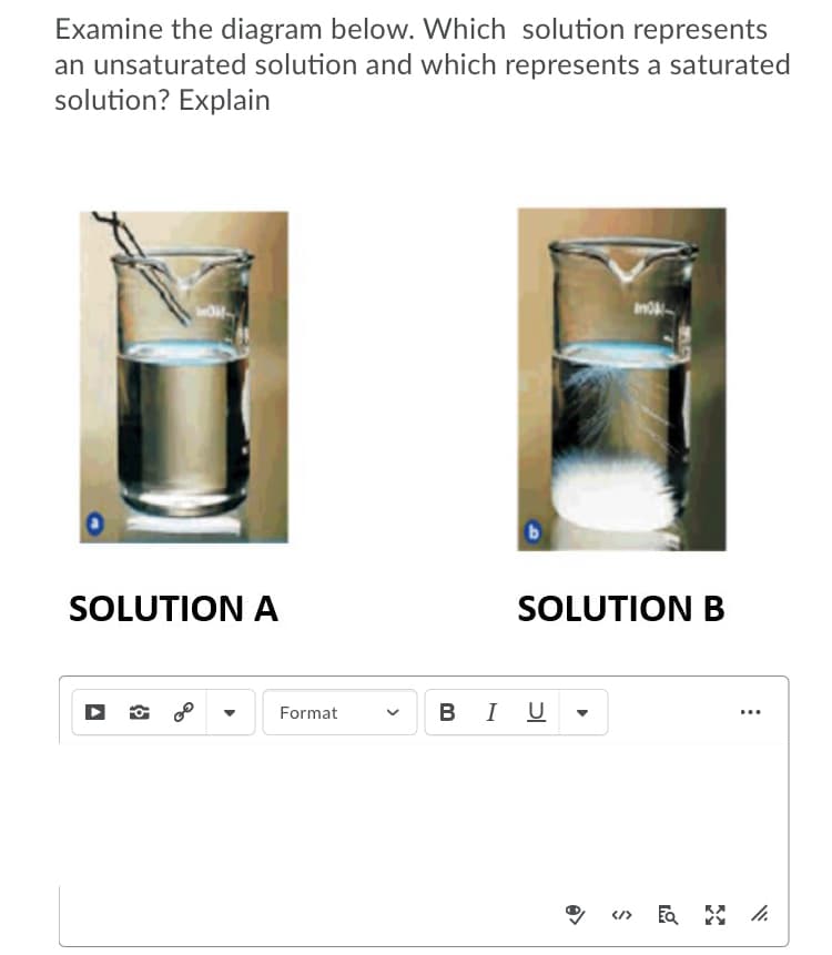 Examine the diagram below. Which solution represents
an unsaturated solution and which represents a saturated
solution? Explain
SOLUTION A
SOLUTION B
Format
BI U
...
>
