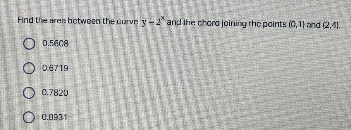 Find the area between the curve y=2 and the chord joining the points (0,1) and (2,4).
O 0.5608
O 0.6719
0.7820
O 0.8931
