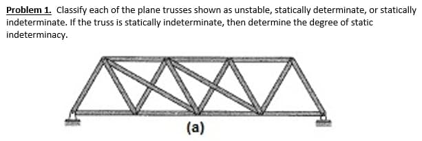 Problem 1. Classify each of the plane trusses shown as unstable, statically determinate, or statically
indeterminate. If the truss is statically indeterminate, then determine the degree of static
indeterminacy.
(a)