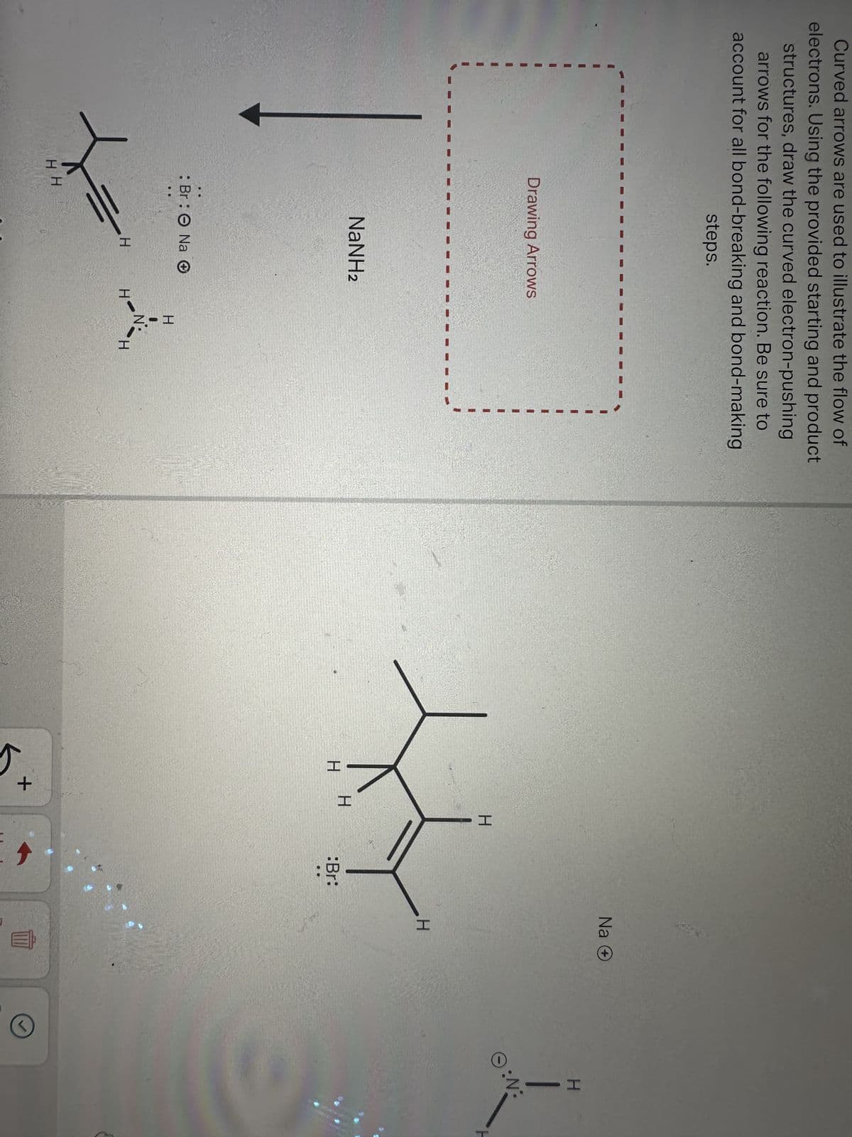 Curved arrows are used to illustrate the flow of
electrons. Using the provided starting and product
structures, draw the curved electron-pushing
arrows for the following reaction. Be sure to
account for all bond-breaking and bond-making
steps.
Drawing Arrows
ㅊ
HH
00
: Br: Na O
NaNH2
00
=
H
H-
Н
H-N
H
H H
+
H
:Br:
Na →
H
HI
Ⓒ:N:
9
H
P