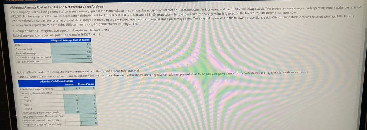 Weighted Average Cost of Capital and Net Present Value Analysis
Tate Company is considering a proposal to acquire new equipment for its manufacturing division. The equipment will cost $210,000, be useful for four years, and have a $16,000 salvage value. Tate expects annual savings in cash operating expenses (before taxes) of
$72,000. For tax purposes, the annual depreciation deduction will be $70,000, $94,000, $30,600, and $15,400, respectively, for the four years (the salvage value is ignored on the tax return). The income tax rate is 40%.
Tate establishes a hurdle rate for a net present value analysis at the company's weighted average cost of capital plus 1 percentage point. Tate's capital is provided in the following proportions: debt, 60%; common stock, 20%; and retained earnings, 20%. The cost
rates for these capital sources are debt, 10%; common stock, 12%; and retained earnings, 13%.
a. Compute Tate's (1) weighted average cost of capital and (2) hurdle rate.
Round answers to one decimal place. For example, 0.4567 = 45.7%.
%3D
Weighted Average Cost of Capital
0 %
Debt
0 %
Common stock
Retained earnings
0%
(1) Weighted avg, cost of capital
0 %
(2) Tate's hurdle rate:
b. Using Tate's hurdle rate, compute the net present value of this capital expenditure proposal.
Round answers to the nearest whole number. Use rounded answers for subsequent calculations. Use a negative sign with net present value to indicate a negative amount. Otherwise do not use negative signs with your answers.
After-Tax Cash Flow Analysis
Amount
Present Value
After-tax cash expense savings
$4
0.
Tax savings from depreciation
0.
0.
Year 1
0.
Year 2
0.
Year 3
Year 4
0.
After-tax equipment sale proceeds
Total present value of future cash flows
Investment required in equipment
0.
Net positive (negative) present value
