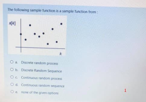 The following sample function is a sample function from:
k]
k
O a Discrete random process
O b. Discrete Random Sequence
Oc Continuous random process
Od. Continuous random sequence
O e. none of the given options
