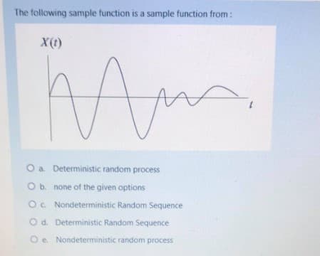 The following sample function is a sample function from:
X(t)
O a Deterministic random process
Ob. none of the given options
O. Nondeterministic Random Sequence
Od. Deterministic Random Sequence
O e. Nondeterministic random process
