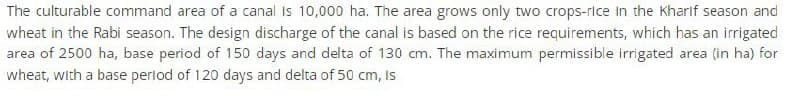 The culturable command area of a canal is 10,000 ha. The area grows only two crops-rice in the Kharif season and
wheat in the Rabi season. The design discharge of the canal is based on the rice requirements, which has an irrigated
area of 2500 ha, base period of 150 days and delta of 130 cm. The maximum permissible irrigated area (in ha) for
wheat, with a base period of 120 days and delta of 50 cm, is