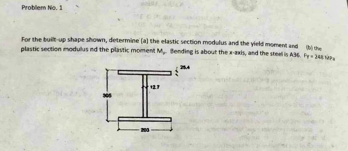 Problem No. 1
(b) the
For the built-up shape shown, determine (a) the elastic section modulus and the yield moment and
plastic section modulus nd the plastic moment Mp. Bending is about the x-axis, and the steel is A36. Fy = 248 MPa
305
203
12.7
25.4