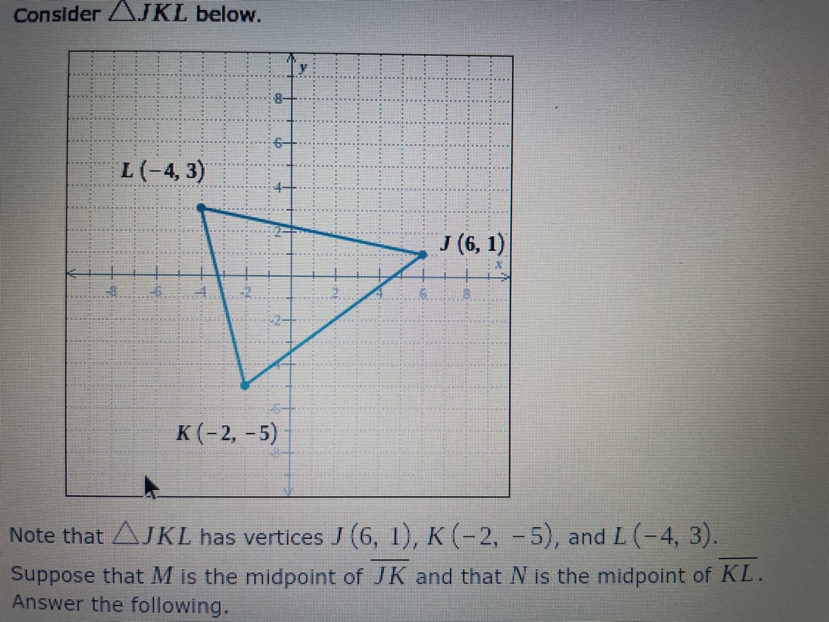 Consider AJKL below.
L(-4, 3)
J (6, 1)
K (-2, -5)
Note that AJKL has vertices J (6, 1), K (-2, -5), and L (-4, 3).
Suppose that M is the midpoint of JK and that N is the midpoint of KL.
Answer the following.
