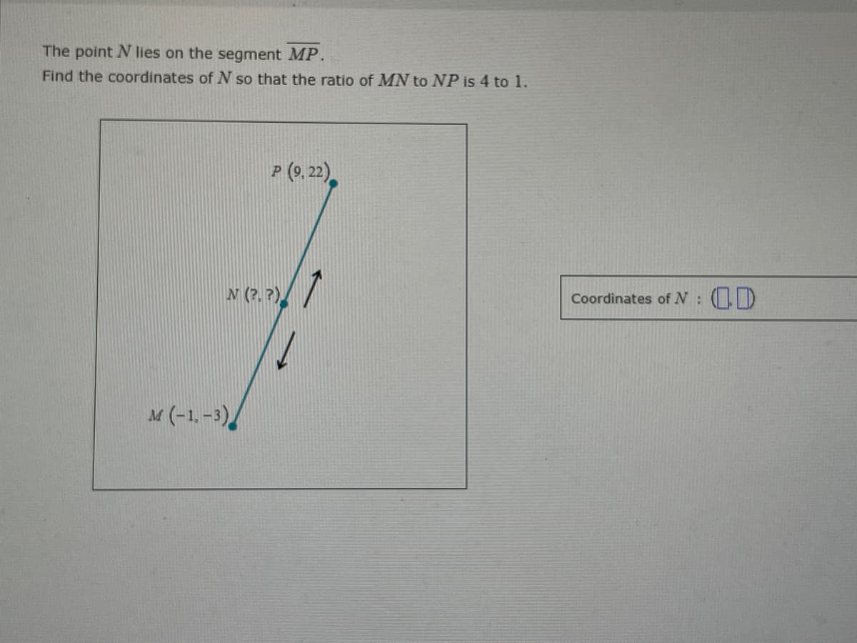 The point N lies on the segment MP.
Find the coordinates of N so that the ratio of MN to NP is 4 to 1.
P (0, 22).
N (?, ?)
Coordinates of N : (D
M(-1,-3)/
