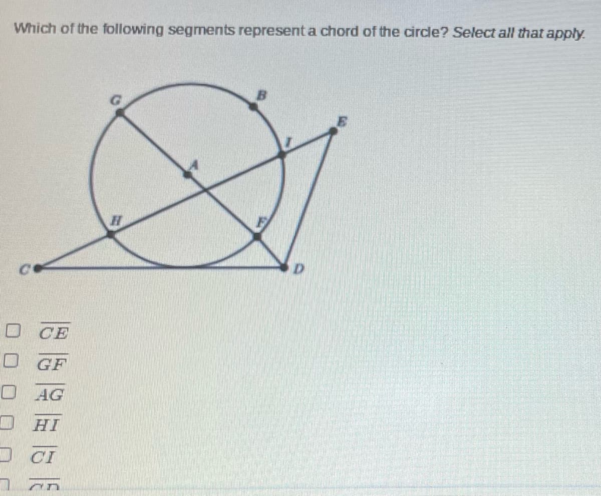 Which of the following segments represent a chord of the circle? Select all that apply
D CE
O GF
O AG
HI
D CI
