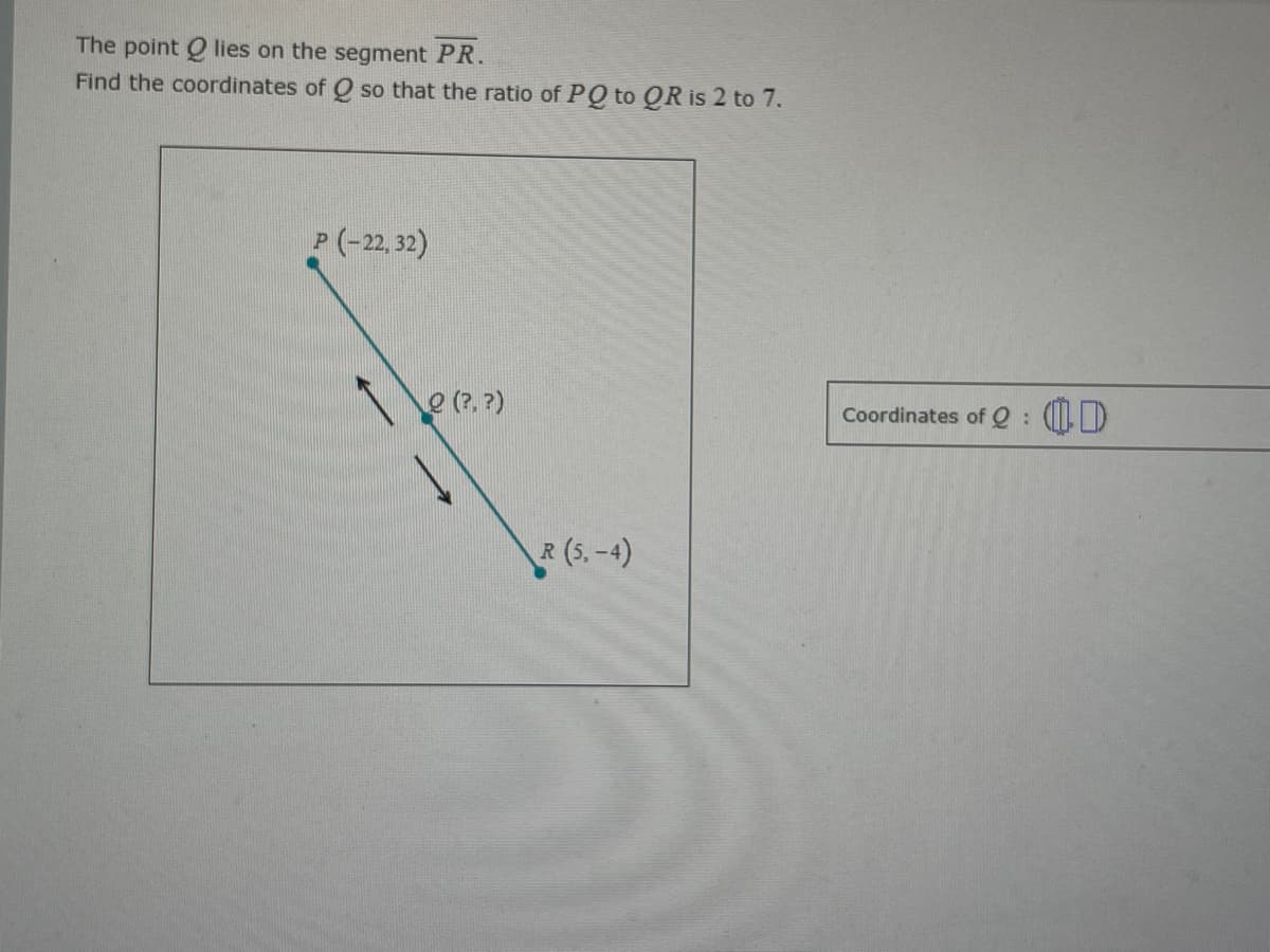 The point Q lies on the segment PR.
Find the coordinates of Q so that the ratio of PQ to QR is 2 to 7.
P(-22, 32)
e (?, ?)
Coordinates of Q :
(5. -4)
