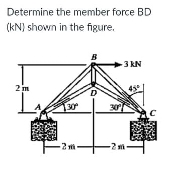 Determine the member force BD
(kN) shown in the figure.
B
3 kN
2 m
45°
30
30°
-2 m
-2 m
