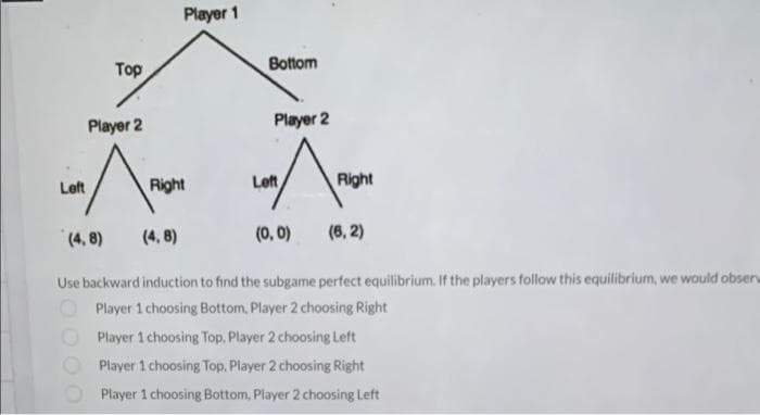 Player 1
Top
Bottom
Player 2
Player 2
Left
Right
Left
Right
(4, 8)
(4, 8)
(0, 0)
(6, 2)
Use backward induction to find the subgame perfect equilibrium. If the players follow this equilibrium, we would obsers
Player 1 choosing Bottom, Player 2 choosing Right
Player 1 choosing Top,. Player 2 choosing Left
Player 1 choosing Top, Player 2 choosing Right
Player 1 choosing Bottom, Player 2 choosing Left
