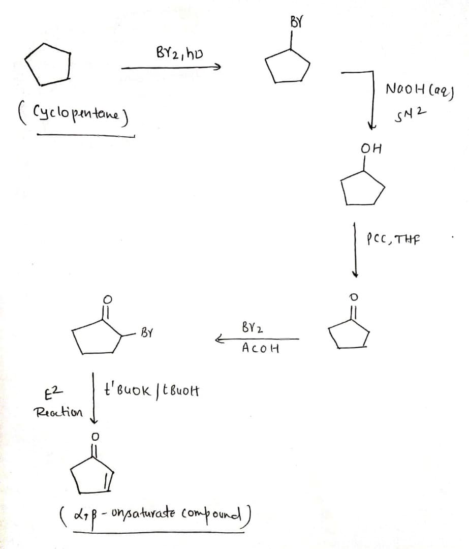 BY
BY2, hD
NOOH (ae)
( Cyclopentone)
SN2
OH
pCC, THE
BY2
BY
ACOH
E2
t'Buok Jt Buott
Reaction
( dip- unpaturate compound
