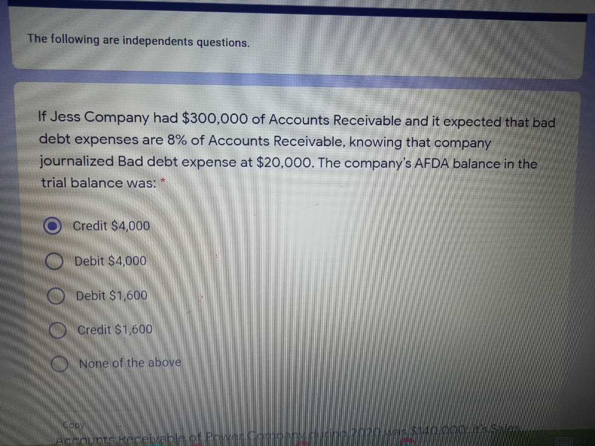 The following are independents questions.
If Jess Company had $300,000 of Accounts Receivable and it expected that bad
debt expenses are 8% of Accounts Receivable, knowing that company
journalized Bad debt expense at $20,000. The company's AFDA balance in the
trial balance was:
O Credit $4,000
O Debit $4,000
O Debit $1,600
O Credit $1,600
K O None of the above
ins 2020 was S140 000 rs$ale
