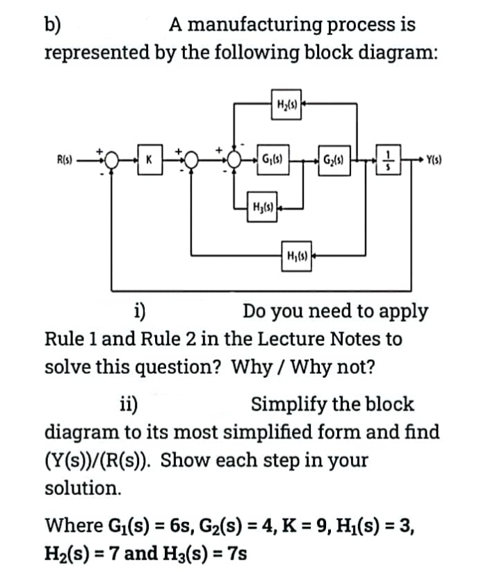 b)
represented
R(s)
A manufacturing process is
by the following block diagram:
K
H₂(s)
G₁(s)
H₂(s)
H₂(s)
G₂
图
Y(s)
i)
Do you need to apply
Rule 1 and Rule 2 in the Lecture Notes to
solve this question? Why / Why not?
ii)
Simplify the block
diagram to its most simplified form and find
(Y(s))/(R(s)). Show each step in your
solution.
Where G₁(s) = 6s, G₂(s) = 4, K = 9, H₁(s) = 3,
H₂(s) = 7 and H3(s) = 7s