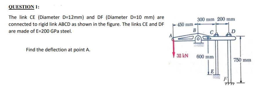 QUESTION 1:
The link CE (Diameter D=12mm) and DF (Diameter D=10 mm) are
300 mm 200 mm
connected to rigid link ABCD as shown in the figure. The links CE and DF
450 mm
B
are made of E=200 GPa steel.
CA
Find the deflection at point A.
32 kN
600 mm
750 mm
E
F
