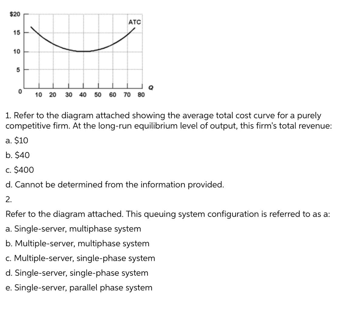 $20
ATC
15
Q
80
10
20
30 40
50
60
70
1. Refer to the diagram attached showing the average total cost curve for a purely
competitive firm. At the long-run equilibrium level of output, this firm's total revenue:
a. $10
b. $40
c. $400
d. Cannot be determined from the information provided.
2.
Refer to the diagram attached. This queuing system configuration is referred to as a:
a. Single-server, multiphase system
b. Multiple-server, multiphase system
c. Multiple-server, single-phase system
d. Single-server, single-phase system
e. Single-server, parallel phase system
10
