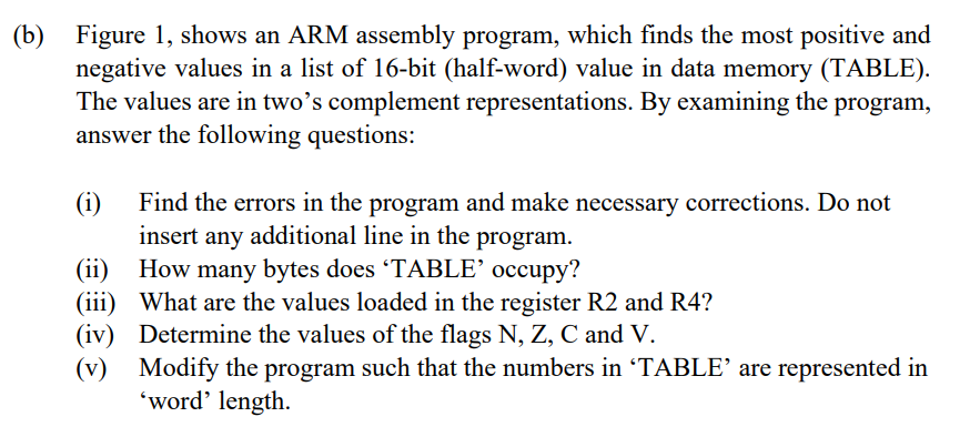 (b) Figure 1, shows an ARM assembly program, which finds the most positive and
negative values in a list of 16-bit (half-word) value in data memory (TABLE).
The values are in two's complement representations. By examining the program,
answer the following questions:
(i) Find the errors in the program and make necessary corrections. Do not
insert any additional line in the program.
(ii) How many bytes does 'TABLE' occupy?
(iii) What are the values loaded in the register R2 and R4?
(iv) Determine the values of the flags N, Z, C and V.
(v) Modify the program such that the numbers in 'TABLE' are represented in
'word' length.