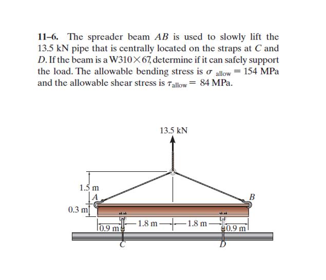 11-6. The spreader beam AB is used to slowly lift the
13.5 kN pipe that is centrally located on the straps at C and
D. If the beam is a W310×67, determine if it can safely support
the load. The allowable bending stress is o allow = 154 MPa
and the allowable shear stress is Tallow= 84 MPa.
13.5 kN
1.5 m
|A
0.3 m|
B
- 1.8 m ––1.8 m -
10.9 m
0.9 m
