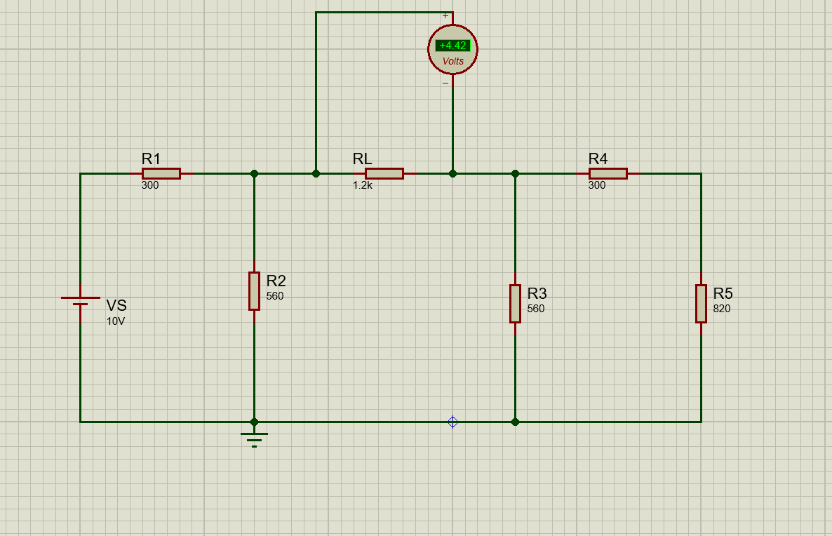 +4.42
Volts
R1
RL
R4
300
1.2k
300
R2
560
R3
R5
VS
560
820
10V
