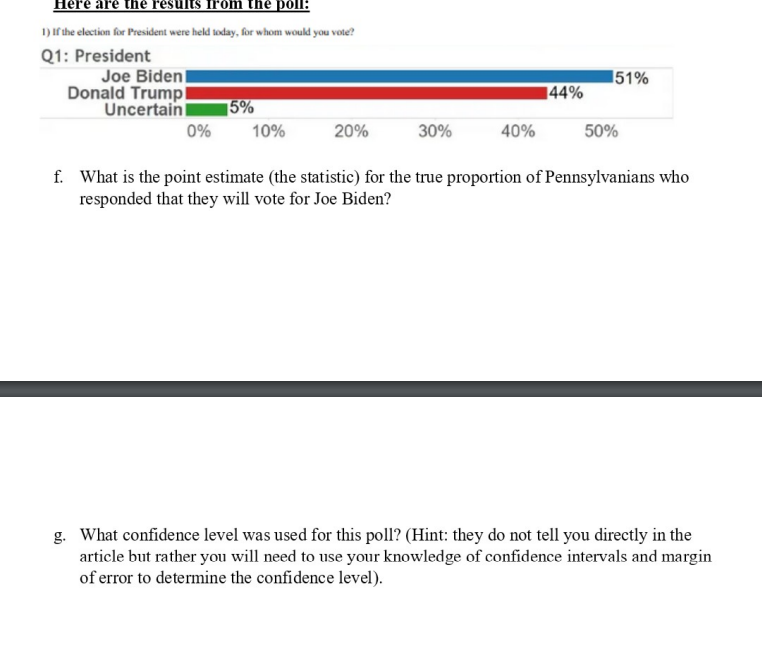 Here are the results from the poll:
1) If the election for President were held today, for whom would you vote?
Q1: President
Joe Biden
Donald Trumpl
Uncertainl
5%
0%
10%
20%
30%
40%
50%
f. What is the point estimate (the statistic) for the true proportion of Pennsylvanians who
responded that they will vote for Joe Biden?
g. What confidence level was used for this poll? (Hint: they do not tell you directly in the
article but rather you will need to use your knowledge of confidence intervals and margin
of error to determine the confidence level).
44%
51%