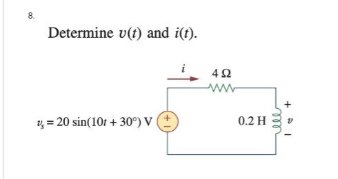 8.
Determine v(t) and i(t).
v = 20 sin(10t +30°) V
4Ω
0.2 H
ell
+
D I
