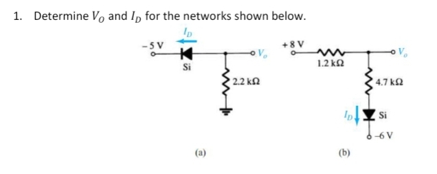 1. Determine V, and Ip for the networks shown below.
-5V
Si
(a)
' 2.2 ΚΩ
+8V
1.2 ΚΩ
Ip.
(b)
47 ΚΩ
Si
Jov