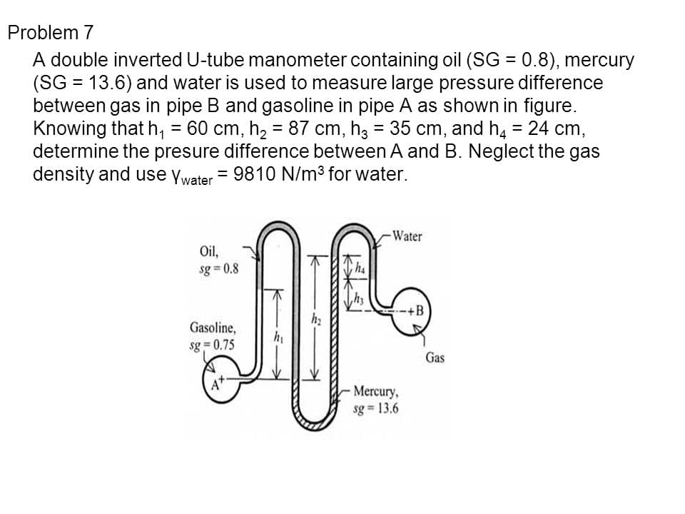 Problem 7
A double inverted U-tube manometer containing oil (SG = 0.8), mercury
(SG = 13.6) and water is used to measure large pressure difference
between gas in pipe B and gasoline in pipe A as shown in figure.
Knowing that h₁ = 60 cm, h₂ = 87 cm, h3 = 35 cm, and h4 = 24 cm,
determine the presure difference between A and B. Neglect the gas
density and use Ywater = 9810 N/m³ for water.
-Water
Oil,
sg=0.8
ha
+B
h₂
၁၂၉၂
M
Gasoline,
h₁
sg=0.75
Gas
Mercury,
sg= 13.6