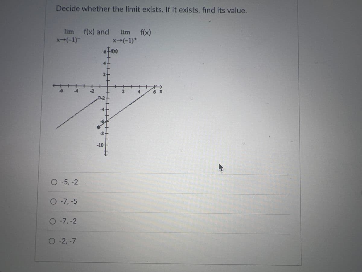 Decide whether the limit exists. If it exists, find its value.
lim f(x) and
x-(-1)-
O-5, -2
O-7, -5
O-7, -2
O-2, -7
2
-10
lim f(x)
x-(-1)*
2
4