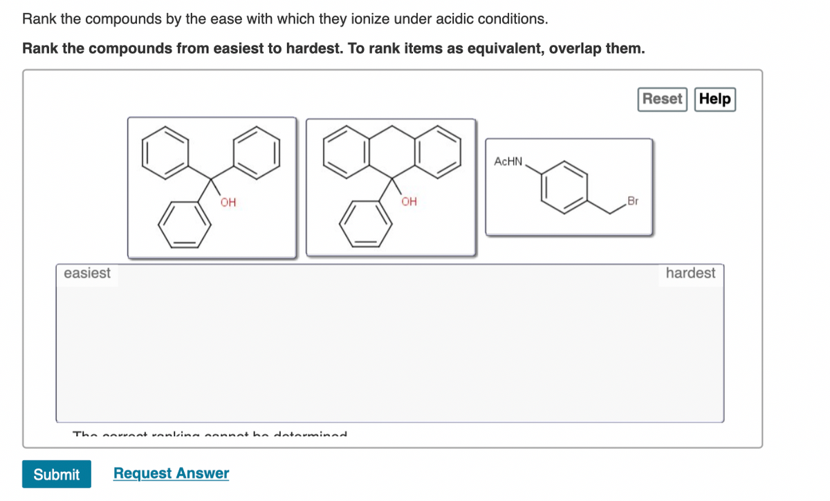 Rank the compounds by the ease with which they ionize under acidic conditions.
Rank the compounds from easiest to hardest. To rank items as equivalent, overlap them.
Reset Help
ACHN
он
OH
Br
easiest
hardest
The sownat ronking sonnat he daterminad
Submit
Request Answer
