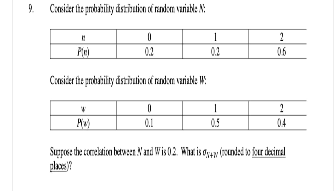 9.
Consider the probability distribution of random variable N:
1
2
P(n)
0.2
0.2
0.6
Consider the probability distribution of random variable W:
W
1
2
P(w)
0.1
0.5
0.4
Suppose the correlation between N and W is 0.2. What is oy4w (rounded to four decimal
places)?
