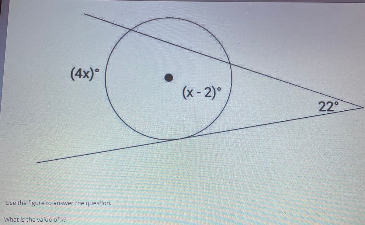 (4x)
°
(x-2)°
22°
Use the figure to answer the question.
What is the value of x?
