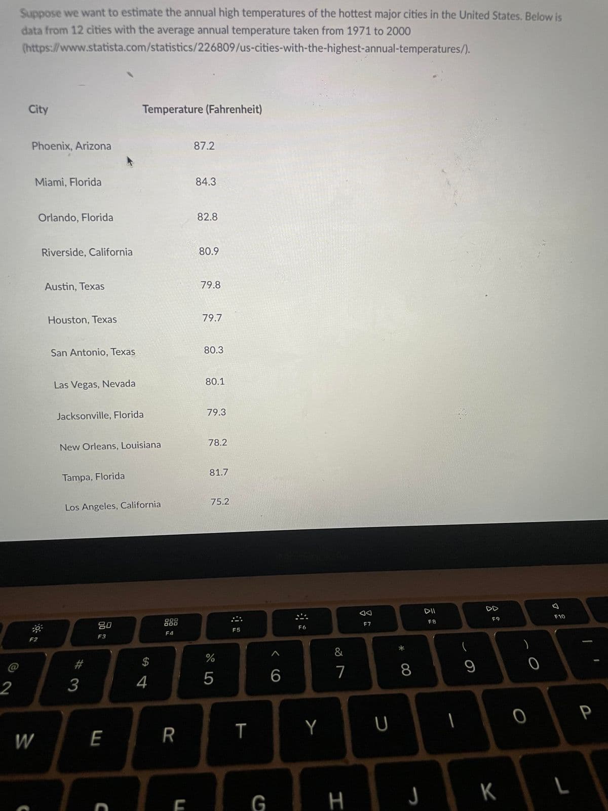 Suppose we want to estimate the annual high temperatures of the hottest major cities in the United States. Below is
data from 12 cities with the average annual temperature taken from 1971 to 2000
(https://www.statista.com/statistics/226809/us-cities-with-the-highest-annual-temperatures/).
City
Temperature (Fahrenheit)
Phoenix, Arizona
87.2
Miami, Florida
84.3
Orlando, Florida
82.8
Riverside, California
80.9
Austin, Texas
79.8
Houston, Texas
79.7
San Antonio, Texas
80.3
80.1
Las Vegas, Nevada
79.3
Jacksonville, Florida
78.2
New Orleans, Louisiana
81.7
Tampa, Florida
75.2
Los Angeles, California
DII
DD
F10
F9
吕0
000
000
F8
F7
F6
F5
F4
F3
F2
)
&
%23
2$
5
6
7
8
3
4
P
E
R
т
Y
W
L
G
H
