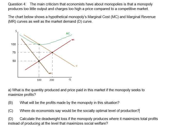 Question 4: The main criticism that economists have about monopolies is that a monopoly
produces too little output and charges too high a price compared to a competitive market.
The chart below shows a hypothetical monopoly's Marginal Cost (MC) and Marginal Revenue
(MR) curves as well as the market demand (D) curve.
AC
MC
100
75
50
100
200
a) What is the quantity produced and price paid in this market if the monopoly seeks to
maximize profits?
(B)
What will be the profits made by the monopoly in this situation?
(C)
Where do economists say would be the socially optimal level of production?|
(D)
instead of producing at the level that maximizes social welfare?
Calculate the deadweight loss if the monopoly produces where it maximizes total profits
