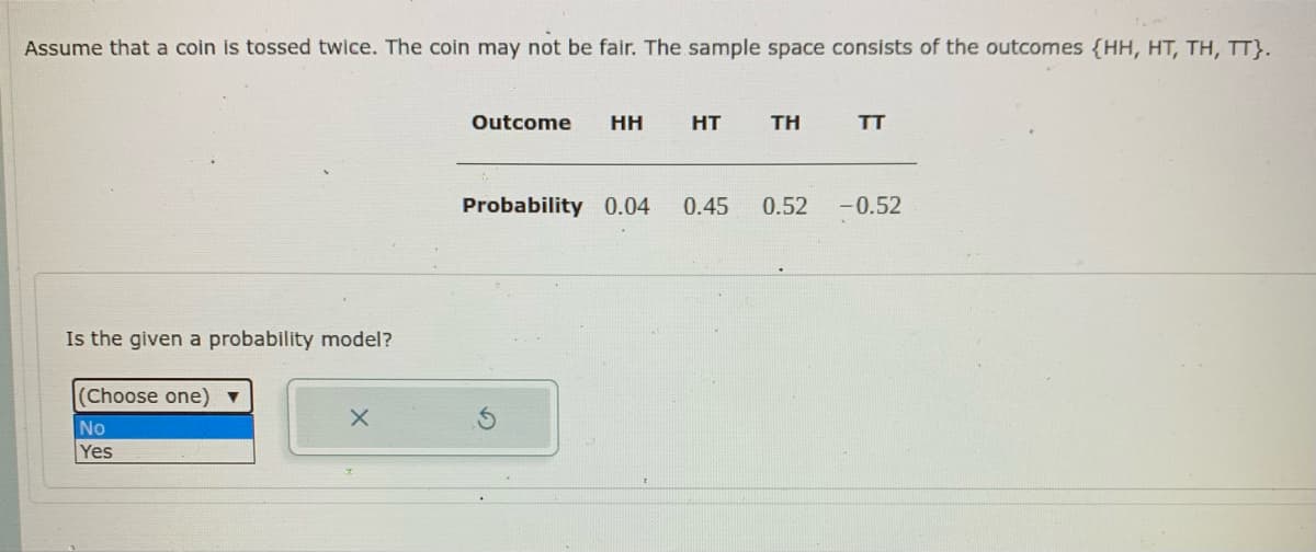 Assume that a coin is tossed twice. The coin may not be fair. The sample space consists of the outcomes {HH, HT, TH, TT}.
Outcome
HH
HT
TH
TT
Probability 0.04
0.45
0.52
-0.52
Is the given a probability model?
(Choose one) ▼
No
Yes
