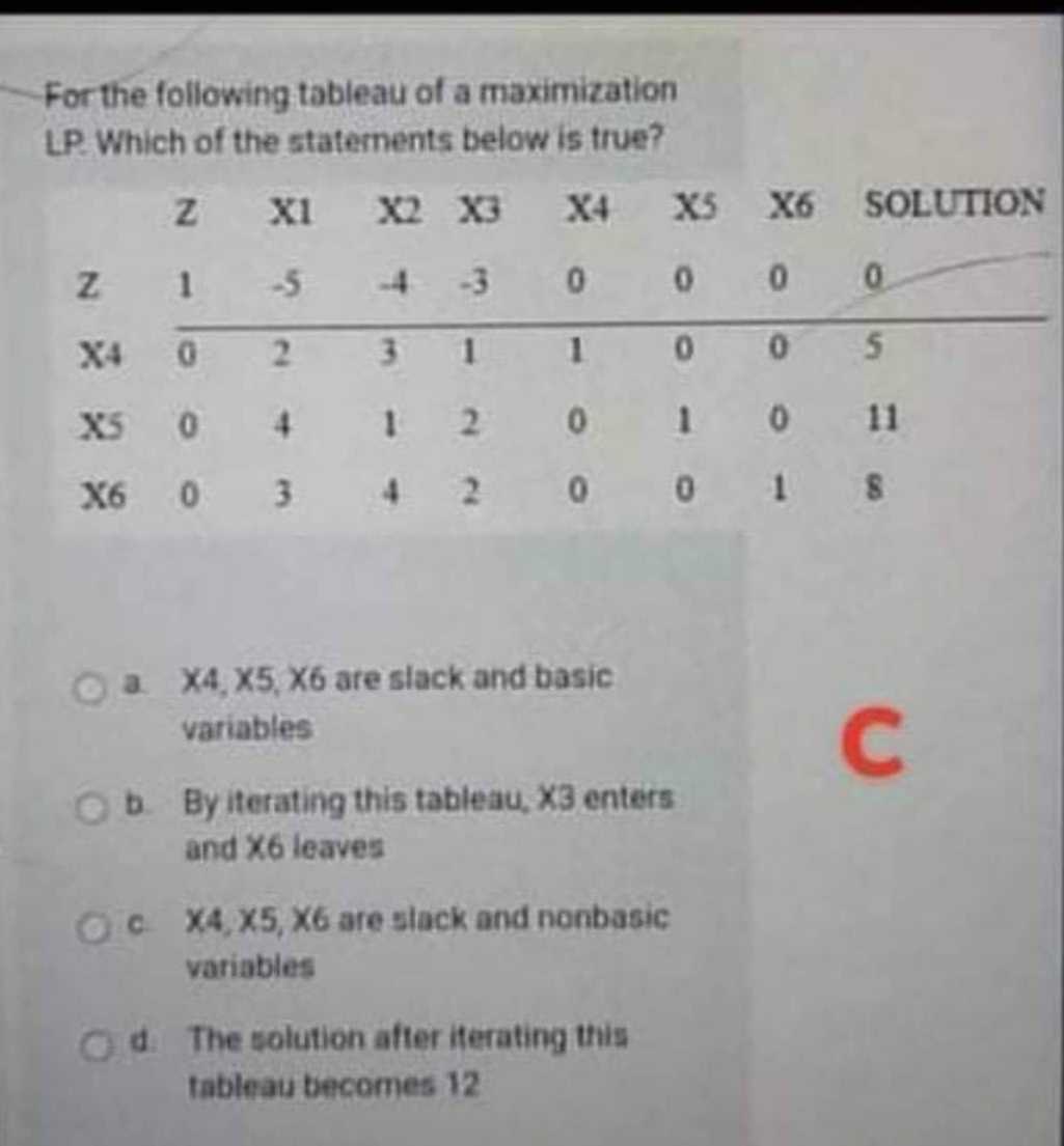 For the following tableau of a maximization
LP. Which of the statements below is true?
Z
X1 X2 X3 X4
1
-5
0
X4
0
23
1
X5
04
1 2
X6
0 3
Ⓒa X4, X5, X6 are slack and basic
variables
Ob By iterating this tableau, X3 enters
and X6 leaves
OC X4, X5, X6 are stack and nonbasic
variables
Od. The solution after iterating this
tableau becomes 12
N
X5 X6
SOLUTION
00
0.
1
0 5
0 1 0
11
0018
C