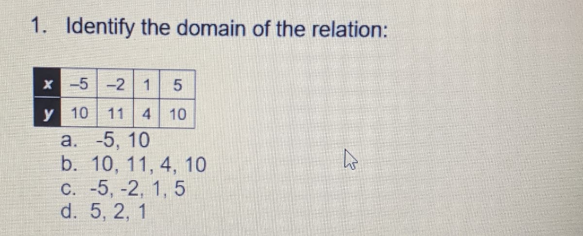 1. Identify the domain of the relation:
其-5 |-2| 1
10
11 4 10
а. -5, 10
b. 10, 11, 4, 10
C. -5, -2, 1, 5
d. 5, 2, 1
5.
