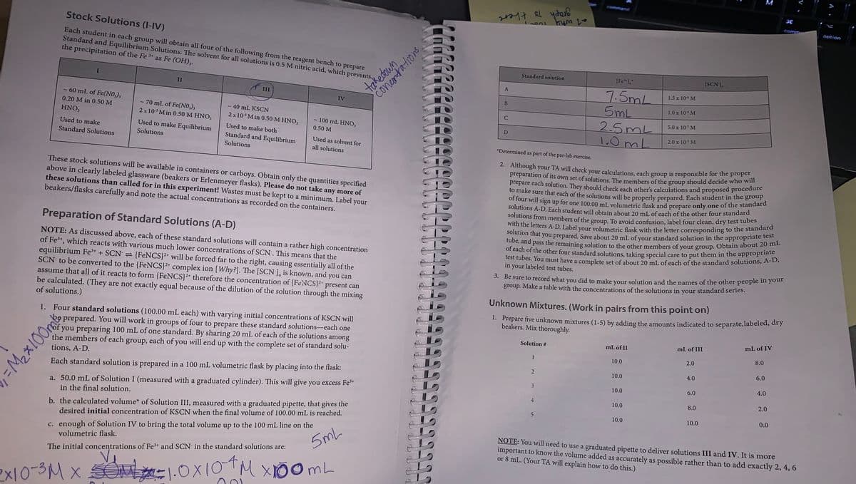 M
with the letters A-D. Label your volumetric flask with the letter corresponding to the standard
Stock Solutions (I-IV)
comm
option
tube, and pass the remaining solution to the other members of your group. Obtain about 20 mL
Each student in each group will obtain all four of the following from the reagent bench to prepare
Standard and Equilibrium Solutions. The solvent for all solutions is 0.5 M nitric acid, which prevents
the precipitation of the Fe as Fe (OH),.
Standard solution
[Fe"],"
(SCN ].
7.5mL
5mL
2.5mL
1.0mL
1.5 x 10 M
II
III
IV
1.0 x 10 M
- 60 mL of Fe(N0,),
70 mL of Fe(NO,),
2 x 10 M in 0.50 M HNO,
0.20 M in 0.50 M
40 mL KSCN
C
5.0 x 10 M
HNO,
2 x 103 M in 0.50 M HNO,
100 mL HNO,
Used to make Equilibrium
0.50 M
2.0 x 10 M
Used to make
Used to make both
Solutions
Standard and Equilibrium
Standard Solutions
Used as solvent for
*Determined as part of the pre-lab exercise.
Solutions
all solutions
2. Although your TA will check your calculations, each group is responsible for the proper
Preparation of its own set of solutions. The members of the group should decide who will
prepare each solution. They should check each other's calculations and proposed procedure
to make sure that each of the solutions will be properly prepared. Each student in the group
These stock solutions will be available in containers or carboys. Obtain only the quantities specified
above in clearly labeled glassware (beakers or Erlenmeyer flasks). Please do not take any more of
these solutions than called for in this experiment! Wastes must be kept to a minimum. Label your
beakers/flasks carefully and note the actual concentrations as recorded on the containers.
soluticr sign up for one 100.00 mL volumetric flask and prepare only one of the standard
solutions A-D. Each student will obtain about 20 mL of each of the other four standard
solutions from members of the group. To avoid confusion, label four clean, dry test tubes
Preparation of Standard Solutions (A-D)
solution that you prepared. Save about 20 mL of your standard solution in the appropriate test
of each of the other four standard solutions, taking special care to put them in the appropriate
test tubes. You must have a complete set of about 20 mL of each of the standard solutions, A-D,
in your labeled test tubes.
NOTE: As discussed above, each of these standard solutions will contain a rather high concentration
of Fe3+, which reacts with various much lower concentrations of SCN. This means that the
equilibrium Fe+ + SCN = {FeNCS}²+ will be forced far to the right, causing essentially all of the
SCN to be converted to the {FeNCS}2+ complex ion [Why?]. The [SCN ], is known, and you can
assume that all of it reacts to form {FeNCS}2+ therefore the concentration of {FeNCS}2* present can
be calculated. (They are not exactly equal because of the dilution of the solution through the mixing
of solutions.)
in
3. Be sure to record what you did to make your solution and the names of the other people your
group. Make a table with the concentrations of the solutions in your standard series.
Unknown Mixtures. (Work in pairs from this point on)
1. Prepare five unknown mixtures (1-5) by adding the amounts indicated to separate,labeled, ary
beakers. Mix thoroughly.
1. Four standard solutions (100.00 mL each) with varying initial concentrations of KSCN will
be prepared. You will work in groups of four to prepare these standard solutions-each one
of you preparing 100 mL of one standard. By sharing 20 mL of each of the solutions
the members of each group, each of you will end up with the complete set of standard solu-
mL of IV
Solution #
mL of II
mL of III
among
8.0
1
10.0
2.0
tions, A-D.
6.0
10.0
4.0
Each standard solution is prepared in a 100 mL volumetric flask by placing into the flask:
3
10.0
6.0
4.0
a. 50.0 mL of Solution I (measured with a graduated cylinder). This will give you excess Fe*
2.0
4.
10.0
8.0
in the final solution.
b. the calculated volume* of Solution III, measured with a graduated pipette, that gives the
desired initial concentration of KSCN when the final volume of 100.00 mL is reached.
10.0
10.0
0.0
c. enough of Solution IV to bring the total volume up to the 100 mL line on the
volumetric flask.
NOTE: You will need to use a graduated pipette to deliver solutions III and IV. It is more
important to know the volume added as accurately as possible rather than to add exactly 2, 4, 6
or 8 mL. (Your TA will explain how to do this.)
5mL
The initial concentrations of Fet and SCN in the standard solutions are:
1.0X10TM xDomL
