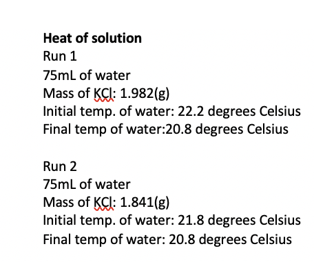 Heat of solution
Run 1
75mL of water
Mass of KCl: 1.982(g)
Initial temp. of water: 22.2 degrees Celsius
Final temp of water:20.8 degrees Celsius
Run 2
75mL of water
Mass of KCl: 1.841(g)
Initial temp. of water: 21.8 degrees Celsius
Final temp of water: 20.8 degrees Celsius
