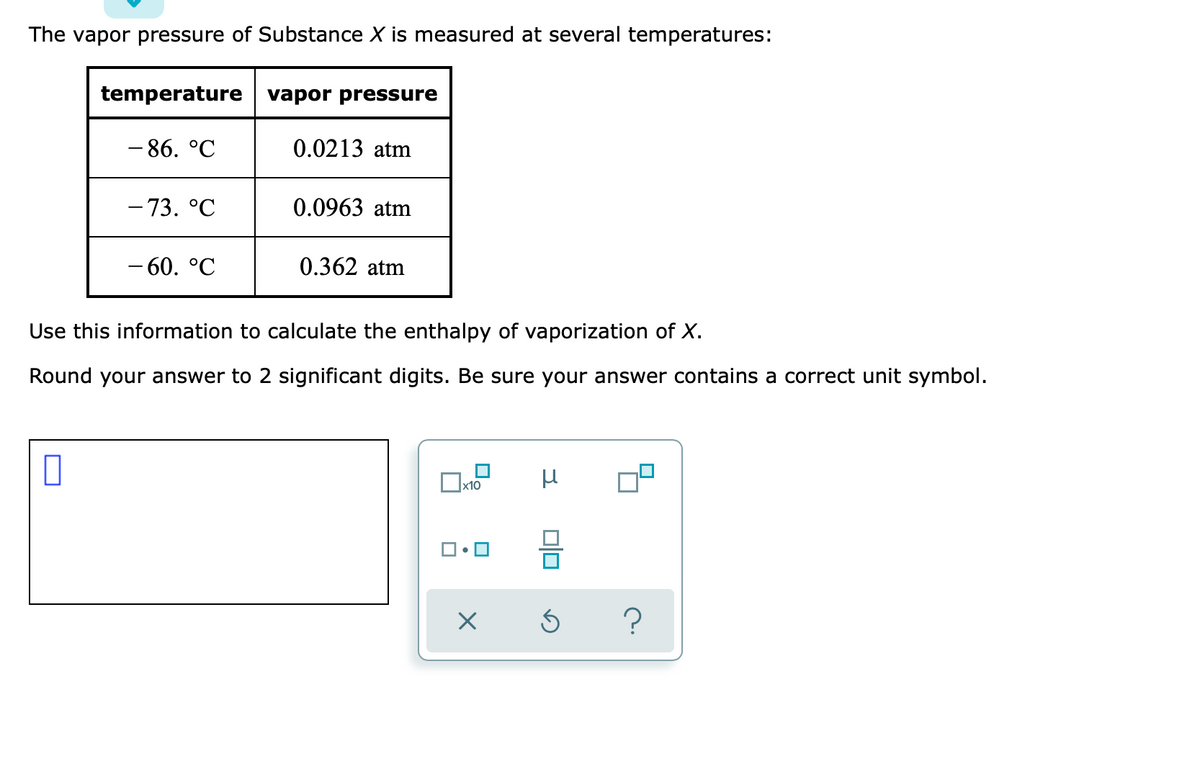 The vapor pressure of Substance X is measured at several temperatures:
temperature vapor pressure
- 86. °C
0.0213 atm
- 73. °C
0.0963 atm
- 60. °C
0.362 atm
Use this information to calculate the enthalpy of vaporization of X.
Round your answer to 2 significant digits. Be sure your answer contains a correct unit symbol.
Ox10
olo
