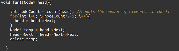 void fun1(Node* head){
int nodeCount = count(head); //counts the number of elements in the LL
for (int i=0; i<nodeCount/2-1; i++){
head = head->Next;
}
Node* temp = head->Next;
head->Next = head->Next->Next;
delete temp;
}
