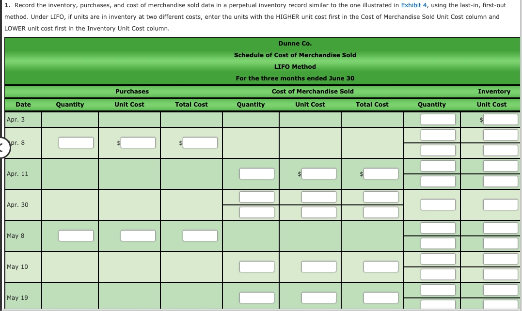 1. Record the inventory, purchases, and cost of merchandise sold data in a perpetual inventory record similar to the one illustrated in Exhibit 4, using the last-in, first-out
method. Under LIFO, if units are in inventory at two different costs, enter the units with the HIGHER unit cost first in the Cost of Merchandise Sold Unit Cost column and
LOWER unit cost first in the Inventory Unit Cost column.
Dunne Co.
Schedule of Cost of Merchandise Sold
LIFO Method
For the three months ended June 30
Purchases
Cost of Merchandise Sold
Inventory
Date
Quantity
Unit Cost
Total Cost
Quantity
Unit Cost
Total Cost
Quantity
Unit Cost
Apr. 3
Apr. 8
Apr. 11
Apr. 30
May 8
May 10
May 19
