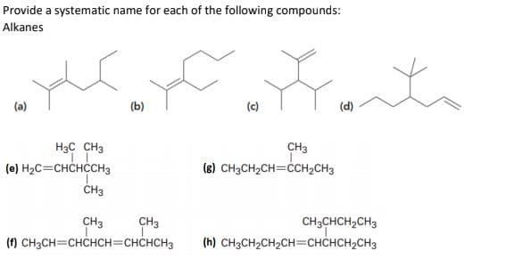 Provide a systematic name for each of the following compounds:
Alkanes
(а)
(Ь)
(c)
(d)
H3C CH3
CH3
(e) H2C=CHCHCCH3
(8) CH3CH2CH=CH2CH3
CH3
CH3
CH3
CH3CHCH,CH3
(h) CH3CH2CH2CH=CHCHCH2CH3
(f) CH3CH=CHCHCH=CHCHCH3
