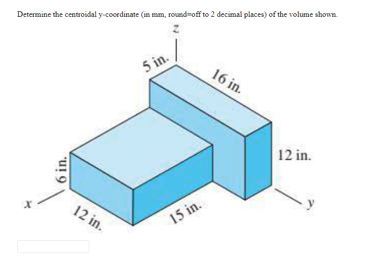 Determine the centroidal y-coordinate (in mm, round=off to 2 decimal places) of the volume shown.
5 in.
16 in.
12 in.
12 in.
15 in.
6 in.
