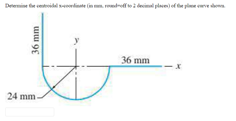 Determine the centroidal x-coordinate (in mm, round=off to 2 decimal places) of the plane curve shown.
y
36 mm
24 mm-
36 mm
